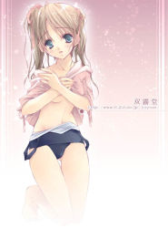 Rule 34 | 1girl, aqua eyes, barefoot, blonde hair, blue eyes, breasts, covering privates, covering breasts, crossed arms, full body, gradient background, hair ribbon, hayase akira, kneeling, one-piece swimsuit, original, parted lips, pink background, ribbon, school swimsuit, solo, swimsuit, thigh gap, twintails, undressing, watermark, web address