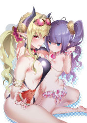 Rule 34 | 2girls, :q, ass, asymmetrical docking, black one-piece swimsuit, black slingshot swimsuit, blonde hair, blue eyes, blunt bangs, blush, breast press, breasts, brooch, butt crack, closed mouth, eyewear on head, fingernails, food, from side, glasses, hair ornament, hair scrunchie, highres, hizuki akira, holding, horns, jewelry, jitome, kneeling, large breasts, licking lips, long hair, looking at viewer, multiple girls, nail polish, one-piece swimsuit, original, pink-framed eyewear, pink nails, popsicle, purple hair, red eyes, ring, scrunchie, simple background, slingshot swimsuit, slit pupils, small breasts, smile, sunglasses, swimsuit, tongue, tongue out, twintails, watermelon bar, white background, wrist scrunchie
