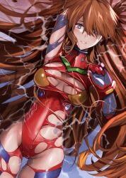 Rule 34 | 1girl, absurdly long hair, aged up, blue eyes, bodysuit, breasts, breasts apart, brown hair, evangelion: 3.0+1.0 thrice upon a time, hair between eyes, hair down, highres, lips, long hair, looking at viewer, lying, medium breasts, multicolored bodysuit, multicolored clothes, neon genesis evangelion, on back, orange bodysuit, pilot suit, plugsuit, rebuild of evangelion, red bodysuit, shiny clothes, shiny skin, simple background, skin tight, skindentation, smile, solo, souryuu asuka langley, thighs, torn bodysuit, torn clothes, very long hair, water, wet, yagisawa teru