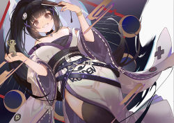 Rule 34 | 1girl, :d, animal, bad id, bad pixiv id, bare shoulders, belt, black eyes, black hair, black thighhighs, breasts, breasts apart, character request, choker, copyright request, hand fan, holding, holding animal, holding fan, japanese clothes, kimono, lanmei, large breasts, long hair, long sleeves, looking at viewer, looking down, machi (7769), nail polish, open mouth, ponytail, purple nails, smile, solo, teeth, thighhighs, wide sleeves