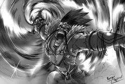 Rule 34 | 1boy, arm guards, draven, dust, facial hair, greyscale, headband, league of legends, male focus, monochrome, mustache, open mouth, ranger squirrel, short hair, solo, spiked hair, spikes, spinning, teeth, vest, what