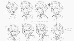 Rule 34 | 1girl, angry, bare shoulders, character sheet, choker, concept art, demon girl, demon horns, english text, expressions, closed eyes, fiend (juniper&#039;s knot), greyscale, horns, juniper&#039;s knot, mole, monochrome, short hair, sketch, smile, softmode, solo