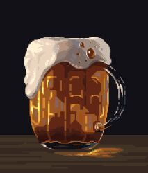 Rule 34 | alcohol, beer, beer mug, black background, cup, drink, foam, food focus, glass, mug, no humans, original, pixel art, pixel art journey, simple background, table, wooden table