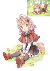 Rule 34 | 1girl, :d, ^ ^, aged down, ahoge, animal ear fluff, animal ears, arm support, between legs, bird, black socks, blouse, boots, capelet, center frills, chick, closed eyes, comic, day, fang, flower, forest, frilled skirt, frills, full body, grass, hair flower, hair ornament, hand between legs, kneehighs, nature, open mouth, original, outdoors, red footwear, shirt, short hair, sitting, skirt, smile, socks, tail, thighhighs, wataame27, white shirt, wolf ears, wolf tail, zettai ryouiki