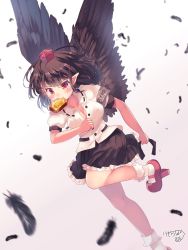 Rule 34 | 1girl, bird wings, black feathers, black hair, black skirt, black wings, blurry, bobby socks, bread slice, breasts, depth of field, feathered wings, feathers, food, food in mouth, foot out of frame, geta, hat, highres, kemo chiharu, medium breasts, miniskirt, motion blur, mouth hold, pointy ears, puffy short sleeves, puffy sleeves, red eyes, red footwear, running, shameimaru aya, shirt, short hair, short sleeves, skirt, socks, solo, tengu-geta, toast, toast in mouth, tokin hat, touhou, wings