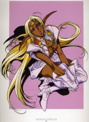 Rule 34 | 1990s (style), ahoge, blonde hair, boots, breasts, cleavage, dark elf, dark skin, diadem, elf, high heels, jewelry, knee boots, knee holding, large breasts, lips, lipstick, long hair, looking at viewer, looking up, makeup, necklace, open mouth, orange eyes, pirotess, pointy ears, record of lodoss war, retro artstyle, shadow, shoes, simple background, sitting, tan, very long hair, yuuki nobuteru