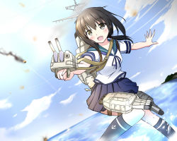 Rule 34 | 10s, 1girl, :d, blue sky, blush, brown eyes, brown hair, cannon, cloud, day, dutch angle, explosion, fire, fire, fubuki (kancolle), gun, holding, holding gun, holding weapon, kantai collection, kneehighs, looking at viewer, machinery, ocean, open mouth, outdoors, outstretched arms, outstretched hand, popomu, school uniform, serafuku, skirt, sky, smile, smoke, socks, solo, sunlight, turret, wading, water, weapon