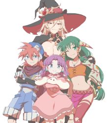 Rule 34 | 1boy, 3girls, absurdres, bag, blonde hair, blue eyes, breasts, cleavage, dark green hair, dress, earrings, feena (grandia), feet out of frame, fingerless gloves, gloves, goggles, goggles on head, grandia, grandia i, green eyes, hair tubes, hand on another&#039;s shoulder, handbag, hat, highres, indo no gyuunyuuya, jewelry, justin (grandia), large breasts, long hair, looking at viewer, low-tied long hair, multiple girls, navel, necklace, nijisanji, nui sociere, nui sociere (1st costume), one eye closed, orange hair, partially fingerless gloves, purple hair, puui (grandia), simple background, smile, sue (grandia), thighhighs, torn clothes, torn hat, torn legwear, virtual youtuber, white background, witch hat