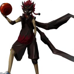 Rule 34 | 00s, 1boy, ball, basketball, basketball (object), basquash!, blue eyes, dan jd, dark-skinned male, dark skin, dunk mask, elbow pads, hand in pocket, kenaph, knee pads, male focus, mask, red hair, shorts, solo, spiked hair, white background