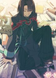 Rule 34 | 1boy, backlighting, black footwear, black hair, black pants, black robe, blunt ends, book, book stack, braid, changpao, chinese clothes, closed eyes, closed mouth, fate/grand order, fate (series), flats, flower, full body, green ribbon, hair over one eye, hair ribbon, knee up, long hair, long sleeves, male focus, on floor, open book, pants, pink flower, ribbon, robe, scroll, single braid, sitting, smile, solo, striped clothes, striped pants, tai gong wang (fate), tassel, vertical-striped clothes, vertical-striped pants, water lily flower, white flower, yuuki10614