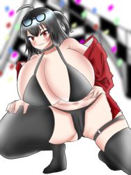 Rule 34 | 1girl, ahoge, azur lane, belly, bikini, black hair, blurry, blurry background, blush, breasts, cleavage, gigantic breasts, glasses on head, gluteal fold, highres, huge breasts, jacket, jacket partially removed, navel, red eyes, setsugu, smile, solo, swimsuit, taihou (azur lane), taihou (enraptured companion) (azur lane), thick thighs, thighhighs, thighs