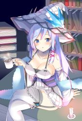 Rule 34 | 1girl, blue eyes, blue hair, blush, book, breasts, cup, dot nose, hat, highres, holding, holding cup, nail polish, raion (inoueraion), rilliona (yu-gi-oh!), rilliona the magistus of verre, solo, tagme, thighhighs, white hat, white thighhighs, yu-gi-oh!