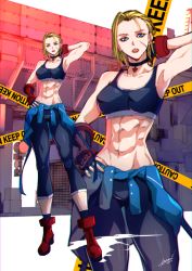 Rule 34 | 1girl, abs, absurdres, arm behind head, armpits, biceps, blonde hair, blue eyes, boots, cammy white, caution tape, clothes around waist, crop top, fingerless gloves, garayann, gloves, hand on own hip, highres, looking at viewer, muscular, muscular female, navel, red footwear, scar, scar on face, short hair, solo, sports bra, standing, stomach, street fighter, street fighter 6, tiptoes