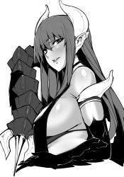 Rule 34 | 1girl, absurdres, animal hands, breasts, choker, demon horns, from side, greyscale, hair between eyes, highres, horns, large breasts, long hair, looking at viewer, looking to the side, miitoban, monochrome, original, parted lips, pointy ears, sideboob, simple background, solo, white background