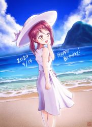 Rule 34 | 1girl, absurdres, alternate hairstyle, artist name, artist request, bare shoulders, beach, blue sky, blush, breasts, brown eyes, brown hair, busterbeam, cloud, day, dress, female focus, from behind, highres, long hair, looking at viewer, looking back, love live!, love live! sunshine!!, ocean, outdoors, red hair, sakurauchi riko, sideboob, skirt, sky, small breasts, solo, sundress, white dress, white headwear, white skirt, yellow eyes