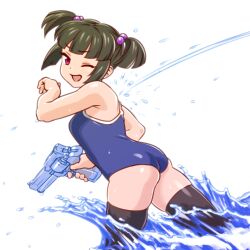 Rule 34 | 1girl, ass, black thighhighs, blue one-piece swimsuit, blunt bangs, breasts, brown hair, commentary request, from behind, hair bobbles, hair ornament, hand up, highres, holding, holding water gun, indie virtual youtuber, light blush, looking at viewer, looking back, magari (c0rn3r), medium breasts, one-piece swimsuit, one eye closed, open mouth, pink eyes, school swimsuit, short hair, short twintails, simple background, skindentation, smile, solo, splashing, spraying, standing, swimsuit, takajin-chan, thighhighs, twintails, virtual youtuber, wading, water gun, white background