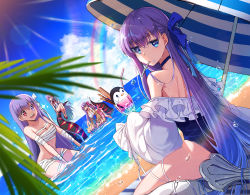 Rule 34 | 4girls, bandages, bb (fate), bb (fate) (all), bb (swimsuit mooncancer) (fate), bb (swimsuit mooncancer) (third ascension) (fate), beach, breasts, claws, commentary request, cup, drinking glass, drinking straw, fate/grand order, fate (series), frilled one-piece swimsuit, frills, hair ribbon, heterochromia, ice, ice cube, kingprotea (fate), large breasts, long hair, looking at viewer, looking back, maydream, medium breasts, meltryllis, meltryllis (fate), meltryllis (swimsuit lancer) (fate), meltryllis (swimsuit lancer) (second ascension) (fate), multiple girls, ocean, one-piece swimsuit, open mouth, parasol, partially submerged, passionlip (fate), purple hair, rainbow, revision, ribbon, sand, sarashi, sharp teeth, small breasts, smile, swimsuit, teeth, tentacles, umbrella, very long hair, wading, water, wet, wine glass