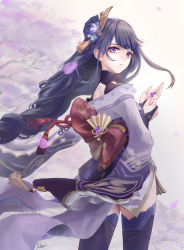 Rule 34 | 1girl, absurdres, artist name, braid, breasts, bridal gauntlets, cherry blossoms, closed mouth, coattails, commentary request, flower, from behind, genshin impact, hair ornament, highres, holding, holding petal, japanese clothes, kimono, large breasts, long hair, long sleeves, looking at viewer, looking back, mitsudomoe (shape), mohri, mole, mole under eye, nail polish, obi, petals, purple eyes, purple flower, purple hair, purple nails, purple thighhighs, raiden shogun, resolution mismatch, sash, solo, source smaller, tassel, thighhighs, tomoe (symbol), wide sleeves
