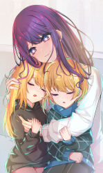 Rule 34 | 1boy, 2girls, absurdres, black hoodie, blonde hair, brother and sister, closed mouth, commentary, head hug, highres, hood, hoodie, hoshino ai (oshi no ko), hoshino aquamarine, hoshino ruby, hug, long hair, mother and daughter, mother and son, multicolored eyes, multiple girls, open mouth, oshi no ko, parted lips, purple eyes, purple hair, sherryqq, short hair, siblings, sidelocks, sleeping, star-shaped pupils, star (symbol), sweater, symbol-shaped pupils, twins, white sweater