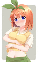 Rule 34 | 1girl, blue eyes, blush, breasts, closed mouth, clothes lift, collared shirt, commentary request, commission, eyebrows hidden by hair, go-toubun no hanayome, green ribbon, green skirt, hair between eyes, hair ribbon, highres, large breasts, lifting own clothes, medium hair, nakano yotsuba, navel, nose blush, orange hair, partial commentary, pixiv commission, ribbon, school uniform, shirt, shirt lift, short sleeves, sidelocks, skirt, solo, standing, stomach, sweater, sweater vest, undressing, upper body, wari (nirodo26), white shirt, yellow sweater