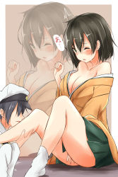 Rule 34 | 10s, 1boy, 1girl, absurdres, admiral (kancolle), bare shoulders, black hair, blush, breasts, brown hair, cleavage, commentary request, covering privates, covering crotch, green eyes, hat, highres, hiryuu (kancolle), kantai collection, large breasts, leg worship, off shoulder, one eye closed, open mouth, saku (kudrove), short hair, skirt, zoom layer