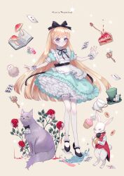 Rule 34 | 1girl, :o, absurdres, akikawa higurashi, alice (alice in wonderland), alice in wonderland, animal, apron, aqua dress, ascot, back bow, black bow, black footwear, black ribbon, blonde hair, bloomers, blue eyes, book, bottle, bow, card, cat, cheshire cat (alice in wonderland), choppy bangs, clothed animal, cookie, copyright name, cup, cupcake, dress, drink me, eat me, floating card, feathers, flower, food, fork, frilled apron, frilled dress, frilled shirt collar, frills, full body, hair bow, hat, unworn hat, unworn headwear, hedgehog, highres, holding, holding pocket watch, key, liquid, long hair, looking at viewer, mary janes, monocle, mushroom, neck ribbon, open book, original, outstretched hand, paint, pale skin, petticoat, pie, pie slice, plant, playing card, pocket watch, puffy short sleeves, puffy sleeves, purple cat, rabbit, ribbon, rose, shoes, short sleeves, socks, solo, sparkle, standing, standing on liquid, teacup, thumbprint cookie, top hat, underwear, watch, white apron, white ascot, white bloomers, white flower, white rabbit (alice in wonderland), white rabbit (animal), white rose, white socks, wrist cuffs, yellow background
