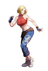 Rule 34 | 1girl, absurdres, baggy pants, belt, blonde hair, blue eyes, blue mary, breasts, crop top, fatal fury, fingerless gloves, full body, gloves, grin, highres, honeyboy, looking to the side, medium breasts, midriff, navel, pants, short hair, simple background, sleeveless, smile, solo, standing, symbol-only commentary, teeth, the king of fighters, the king of fighters xv