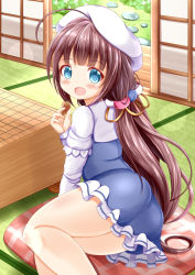 Rule 34 | 10s, ahoge, blue eyes, blush, brown hair, day, dress, hat, highres, hinatsuru ai, indoors, layered sleeves, long hair, long sleeves, ryuuou no oshigoto!, shogi, short over long sleeves, short sleeves, sliding doors, smile, solo, twintails, very long hair, white hat
