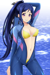 Rule 34 | 10s, 1girl, arm at side, arm behind head, arm up, bikini, bikini under clothes, blue bodysuit, blue hair, blush, bodysuit, breasts, cleavage, closed mouth, collarbone, contrapposto, cowboy shot, day, diving suit, full-length zipper, high collar, high ponytail, highres, holding, legs apart, light smile, long hair, looking at viewer, love live!, love live! school idol festival, love live! sunshine!!, matsuura kanan, medium breasts, navel, nonaka chikin, open bodysuit, open clothes, outdoors, parted bangs, ponytail, purple eyes, sideboob, sidelocks, skin tight, smile, solo, standing, swept bangs, swimsuit, swimsuit under clothes, underboob, unzipped, very long hair, water, wet, wet clothes, wetsuit, yellow bikini, zipper, zipper pull tab