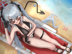 Rule 34 | 1girl, adjusting eyewear, bare shoulders, beach, beach chair, bikini, black bikini, black bow, black gloves, black ribbon, blue archive, blue hair, blush, bow, breasts, crossed arms, demon tail, from above, glasses, gloves, hair between eyes, hair bow, hair ornament, hair over one eye, hair ribbon, hairclip, hand on eyewear, highres, iori (blue archive), iori (swimsuit) (blue archive), koenza botoke, legs, light blue hair, long hair, looking at viewer, lying, medium breasts, multi-strapped bikini bottom, ocean, on back, open mouth, red eyes, ribbon, sand, sandals, solo, starfish, sunglasses, swimsuit, tail, teeth, twintails, upper teeth only