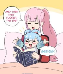 Rule 34 | bed sheet, blue hair, book, corrupted twitter file, derivative work, hololive, hololive english, hololive indonesia, jacket, kobo kanaeru, long hair, long sleeves, meme, mori calliope, multicolored hair, multiple girls, open mouth, parody, pillow, pink hair, ponytail, seggs (meme), virtual youtuber, wersman, white hair