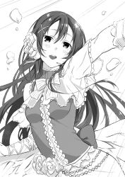 Rule 34 | 1girl, bad id, bad twitter id, commentary request, flower, frills, greyscale, hair between eyes, hair flower, hair ornament, hairclip, long hair, looking at viewer, love live!, love live! school idol festival, love live! school idol project, microphone, monochrome, open mouth, petals, ribbon, solo, sonoda umi, wings, yomotsuka tsukasa