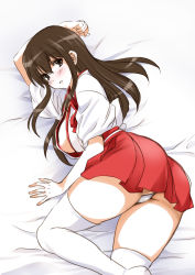 Rule 34 | 1girl, absurdres, akagi (kancolle), arm up, ass, blush, breasts, brown eyes, brown hair, cleavage, commentary request, hakama, hakama short skirt, hakama skirt, highres, japanese clothes, kantai collection, long hair, looking at viewer, lying, miniskirt, mitarashi kousei, on side, open clothes, open shirt, panties, red skirt, shirt, skirt, solo, thighhighs, thighs, underwear, white panties, white shirt, white thighhighs
