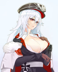 Rule 34 | 1girl, azur lane, breasts, gloves, graf zeppelin (azur lane), large breasts, long hair, looking at viewer, lzayuisabeth, military, military uniform, open clothes, red eyes, silver hair, simple background, solo, uniform, white background