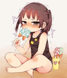 Rule 34 | 1girl, barefoot, blush, candy, crying, eating, feet, female focus, food, hair bobbles, hair ornament, indian style, lollipop, original, short shorts, shorts, sitting, solo, tears, toes, trembling, twintails, yoshiki (pettanko)