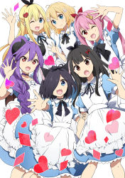 Rule 34 | 6+girls, :d, :o, ;d, ahoge, alice (alice in wonderland), alice (alice in wonderland) (cosplay), alice in wonderland, amatsuka poi, animal ear fluff, animal ears, apron, arm up, black bow, black choker, black hair, black ribbon, blonde hair, blue dress, blue eyes, blush, bow, braid, brown eyes, brown wings, cat ears, character request, chijou noko, chikanoko, choker, closed mouth, collarbone, collared dress, commentary request, cosplay, demon girl, demon horns, demon wings, diamond (shape), dress, flower, frilled apron, frills, hair between eyes, hair flower, hair intakes, hair ornament, hair over one eye, hair ribbon, heart, heart hair ornament, highres, horns, long hair, maid apron, multiple girls, naito mare, neck ribbon, one eye closed, open mouth, outstretched arm, pink flower, pink hair, puffy short sleeves, puffy sleeves, purple hair, rabbit hair ornament, ragho no erika, red eyes, red ribbon, ribbon, short sleeves, smile, tsugou makina, twintails, uchino chika, very long hair, white apron, wings