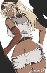 Rule 34 | 1girl, :o, ass, breasts, butt crack, commentary, commentary request, crop top, dark-skinned female, dark skin, english commentary, from behind, guilty gear, highres, long hair, mixed-language commentary, open mouth, posty postino, ramlethal valentine, short shorts, shorts, solo, thigh gap, white background, white hair, white shorts, yellow eyes