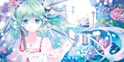 Rule 34 | 1boy, 1girl, floating hair, flower, green eyes, green hair, hair flower, hair ornament, hatsune miku, hydrangea, jewelry, long hair, looking at viewer, melt (vocaloid), necklace, rain, rednian, ring, smile, transparent, transparent umbrella, twintails, umbrella, very long hair, vocaloid, water drop