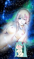 Rule 34 | 2girls, blue eyes, blush, breast grab, breasts, drooling, eyebrows visible through hair, finger in mouth, grabbing, hatsune miku, headphones, large breasts, long hair, masturbation, megurine luka, multiple girls, navel, nipples, nude, one eye closed, pink hair, sky, space, star (sky), starry sky, teal hair, transparent person, twintails, vocaloid, wink