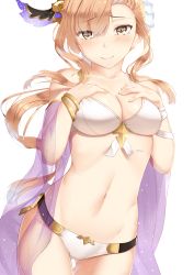 Rule 34 | 1girl, absurdres, armband, ass, bad id, bad pixiv id, bare shoulders, bikini, blush, breasts, brown eyes, brown hair, cape, cleavage, closed mouth, collarbone, flower, gluteal fold, granblue fantasy, groin, hair between eyes, hair ornament, hand on own chest, head wings, highres, jewelry, long hair, looking at viewer, medium breasts, mengo, navel, simple background, skindentation, smile, solo, standing, swimsuit, thighs, tweyen (eternal&#039;s summer vacation) (granblue fantasy), tweyen (granblue fantasy), white background, wings