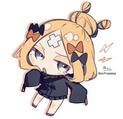 Rule 34 | 1girl, abigail williams (fate), abigail williams (traveling outfit) (fate), black bow, black jacket, blonde hair, blue eyes, blush stickers, bow, chibi, colored shadow, crossed bandaids, drop shadow, fate/grand order, fate (series), full body, hair bow, hair bun, heroic spirit traveling outfit, highres, jacket, lightning bolt symbol, long sleeves, looking at viewer, official alternate costume, open mouth, orange bow, parted bangs, shadow, signature, simple background, single hair bun, sleeves past fingers, sleeves past wrists, sofra, solo, twitter username, white background