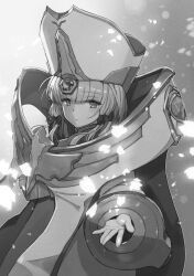 Rule 34 | 1girl, arcana (maou gakuin), closed mouth, greyscale, hand up, hat, highres, long hair, looking at viewer, maou gakuin no futekigousha, monochrome, orange hair, serious, solo, white hair, white tunic