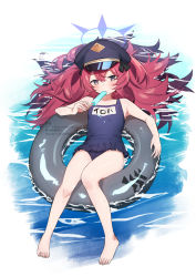 Rule 34 | 1girl, absurdres, afloat, black hat, blue archive, collarbone, eating, food, food on body, frilled one-piece swimsuit, frilled swimsuit, frills, grey eyes, hair between eyes, hair ribbon, halo, hat, highres, holding, holding food, holding popsicle, innertube, iroha (blue archive), knees together feet apart, light blush, long hair, looking to the side, melting, messy hair, military hat, one-piece swimsuit, peaked cap, popsicle, red hair, ribbon, school swimsuit, sho bu 1116, solo, sweat, swept bangs, swim ring, swimsuit, water, wavy hair