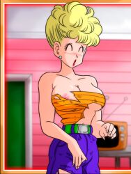 Rule 34 | 1girl, ^ ^, bare arms, bare shoulders, belt, blonde hair, blush, breasts, cleavage, closed eyes, cowboy shot, dragon ball, dragon ball (classic), earrings, eyelashes, female focus, groin, hands up, happy, jewelry, large breasts, mature female, nipples, official style, open mouth, panchy, pants, purple pants, shiny skin, sleeveless, smile, solo, standing, strapless, stud earrings, thighs, toriyama akira (style), torn clothes, tube top, yamamoto doujin