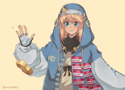 Rule 34 | 1boy, androgyne symbol, blonde hair, bridget (guilty gear), character name, fingerless gloves, gloves, guilty gear, guilty gear strive, highres, hood, hooded jacket, jacket, looking at viewer, male focus, medium hair, mil17459623, name tag, simple background, smile, solo, trap, upper body, waving