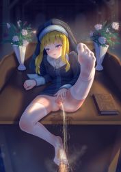 Rule 34 | 1boy, 1girl, absurdres, blush, book, bottomless, breasts, censored, flower, footjob, hetero, highres, huan yu, indoors, leg up, long hair, long sleeves, looking at viewer, medium breasts, no panties, nun, open mouth, peeing, golden shower, pov, pussy, sidelocks, solo focus, spread legs, spread pussy, steam, white background