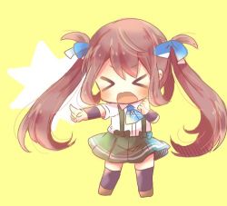 Rule 34 | &gt; &lt;, 10s, 1girl, arm warmers, asagumo (kancolle), black legwear, brown hair, chibi, closed eyes, full body, green skirt, hair rings, kantai collection, kou hiyoyo, long hair, lowres, open mouth, pleated skirt, school uniform, simple background, skirt, solo, standing, suspenders, twintails, yellow background