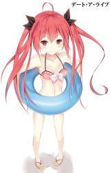 Rule 34 | 10s, 1girl, ahoge, bad id, bad pixiv id, bikini, blush, collarbone, date a live, highres, innertube, itsuka kotori, long hair, navel, red eyes, red hair, sandals, seedkeng, smile, solo, standing, swim ring, swimsuit, twintails, very long hair