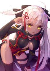 Rule 34 | 1girl, adjusting hair, ahoge, black thighhighs, blush, bow, breasts, cleavage, commentary, dark-skinned female, dark skin, fate/grand order, fate (series), hair bow, hand on own hip, hanging breasts, large breasts, leaning forward, long hair, looking at viewer, no panties, okita souji (fate), okita souji (koha-ace), okita souji alter (fate), open mouth, patori, simple background, solo, tassel, thighhighs, thighs, very long hair, white background, white hair, yellow eyes