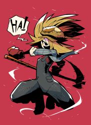 Rule 34 | 1girl, absurdres, black eyes, blonde hair, brown hat, full body, grey overalls, grin, hair over one eye, hat, highres, holding, holding scythe, hollow mouth, incoming attack, jumping, linda (rariatto), long hair, looking at viewer, motion blur, one eye covered, original, overalls, patchwork clothes, rariatto (ganguri), red background, scythe, slashing, smile, solo